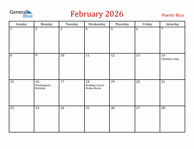 Current month calendar with Puerto Rico holidays for February 2026