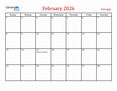 Current month calendar with Portugal holidays for February 2026