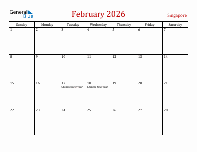 Current month calendar with Singapore holidays for February 2026