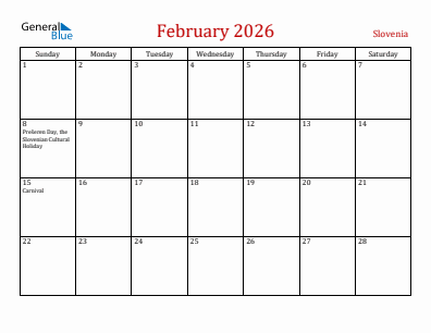 Current month calendar with Slovenia holidays for February 2026