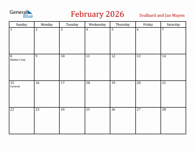 Current month calendar with Svalbard and Jan Mayen holidays for February 2026