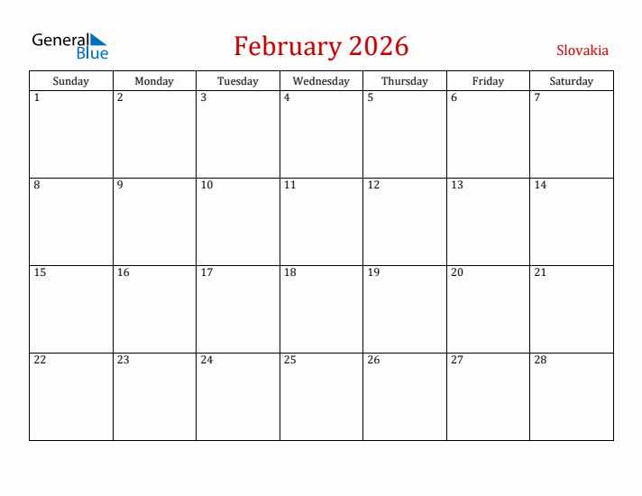 Slovakia February 2026 Calendar - Sunday Start