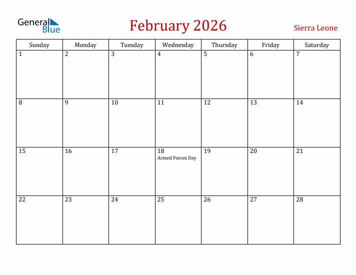 Sierra Leone February 2026 Calendar - Sunday Start
