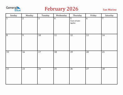 Current month calendar with San Marino holidays for February 2026