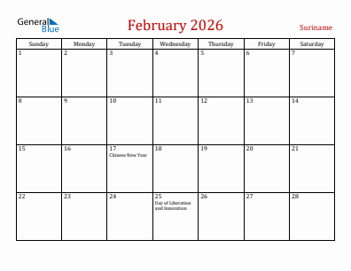 Current month calendar with Suriname holidays for February 2026