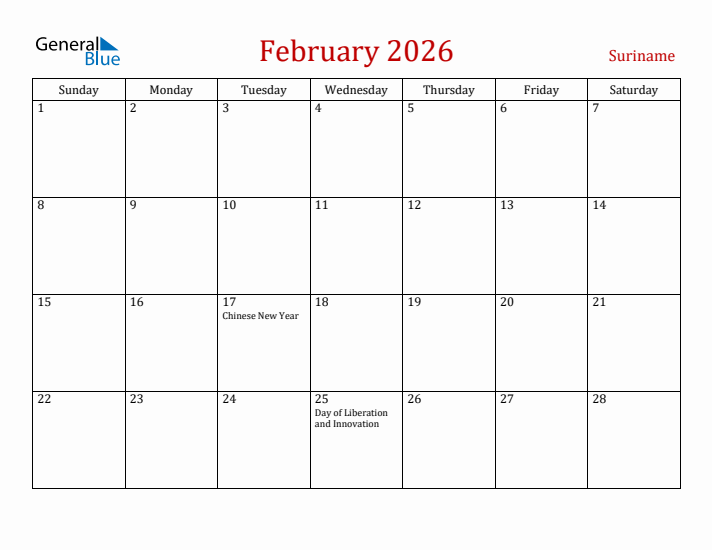 Suriname February 2026 Calendar - Sunday Start