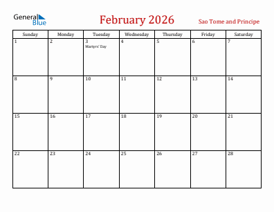 Current month calendar with Sao Tome and Principe holidays for February 2026