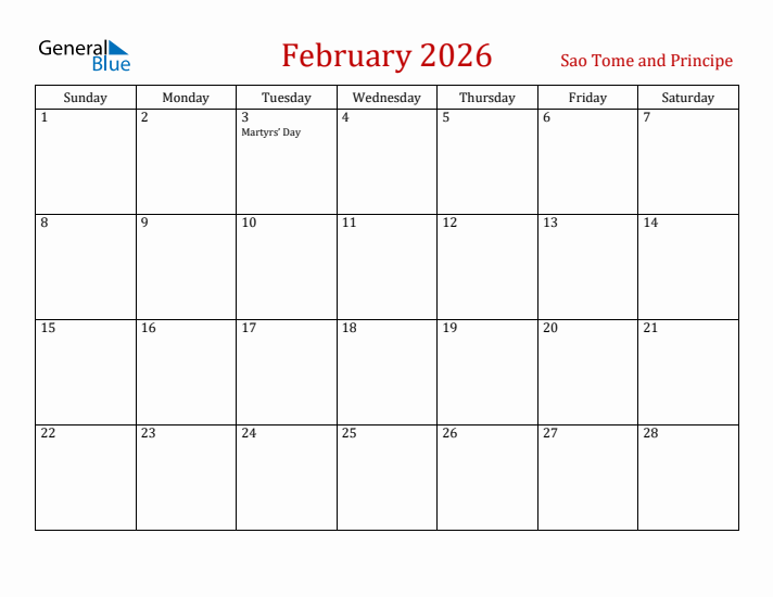 Sao Tome and Principe February 2026 Calendar - Sunday Start
