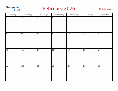 Current month calendar with El Salvador holidays for February 2026