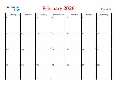 Current month calendar with Eswatini holidays for February 2026