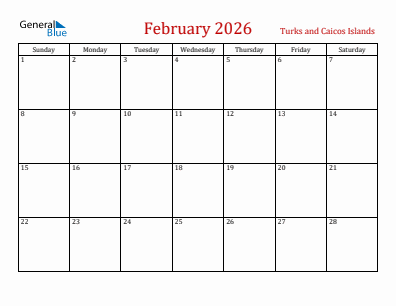 Current month calendar with Turks and Caicos Islands holidays for February 2026