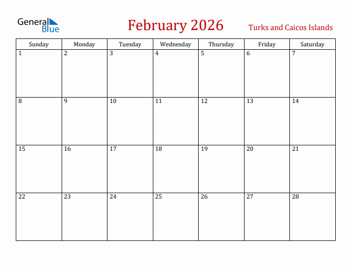 Turks and Caicos Islands February 2026 Calendar - Sunday Start