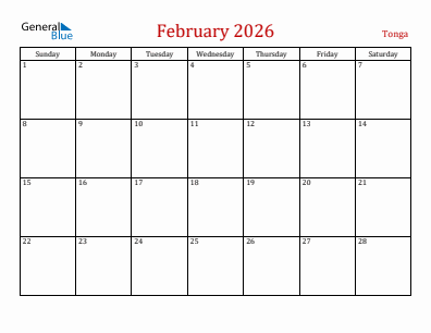 Current month calendar with Tonga holidays for February 2026