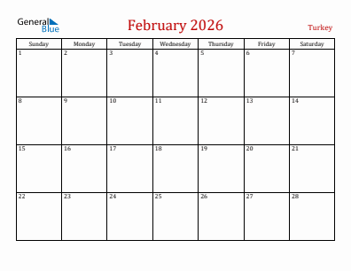 Current month calendar with Turkey holidays for February 2026