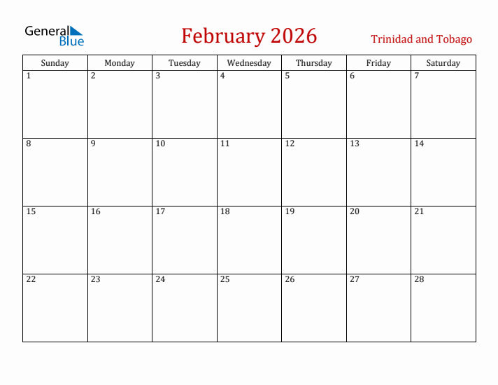 Trinidad and Tobago February 2026 Calendar - Sunday Start
