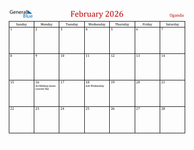 Current month calendar with Uganda holidays for February 2026