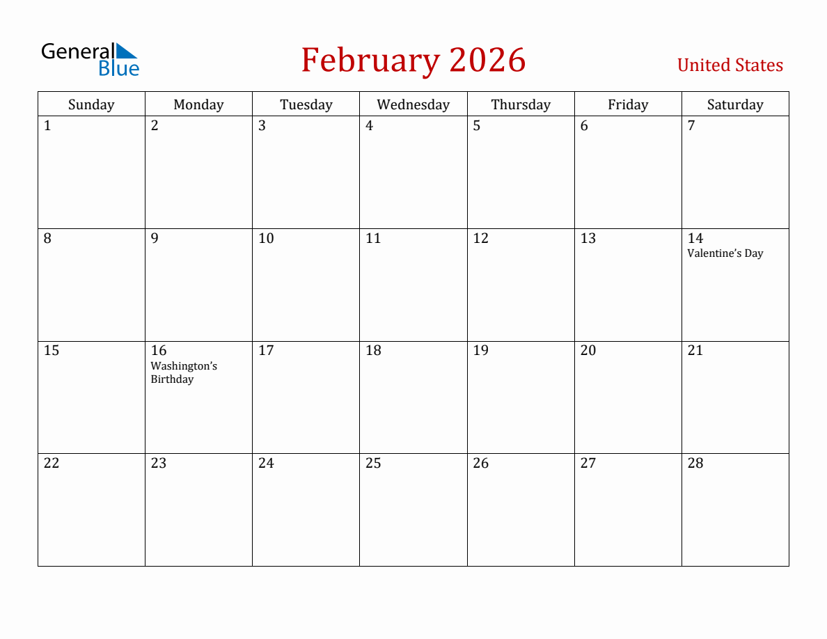 February 2026 United States Monthly Calendar with Holidays February 2026 united states monthly calendar with holidays