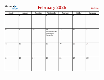 Current month calendar with Vatican holidays for February 2026