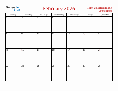 Current month calendar with Saint Vincent and the Grenadines holidays for February 2026