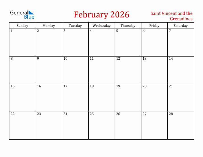 Saint Vincent and the Grenadines February 2026 Calendar - Sunday Start