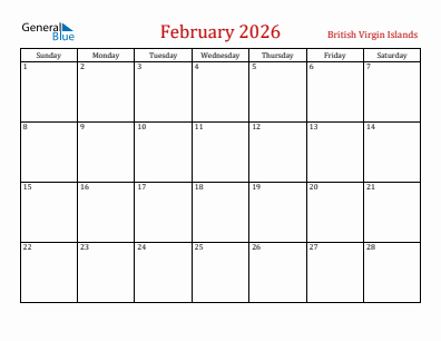 Current month calendar with British Virgin Islands holidays for February 2026