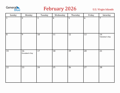 Current month calendar with U.S. Virgin Islands holidays for February 2026