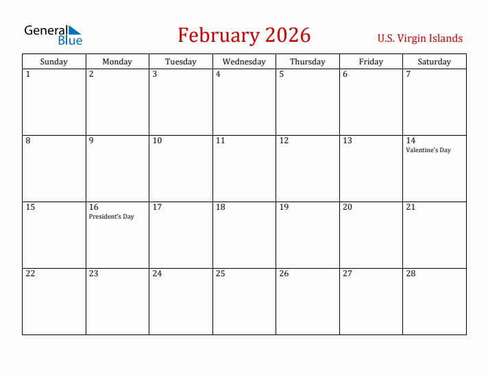 U.S. Virgin Islands February 2026 Calendar - Sunday Start