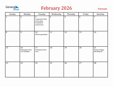 Current month calendar with Vietnam holidays for February 2026