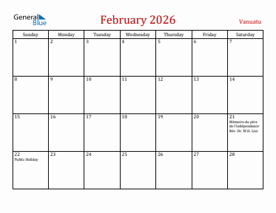 Current month calendar with Vanuatu holidays for February 2026
