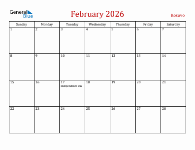 Current month calendar with Kosovo holidays for February 2026