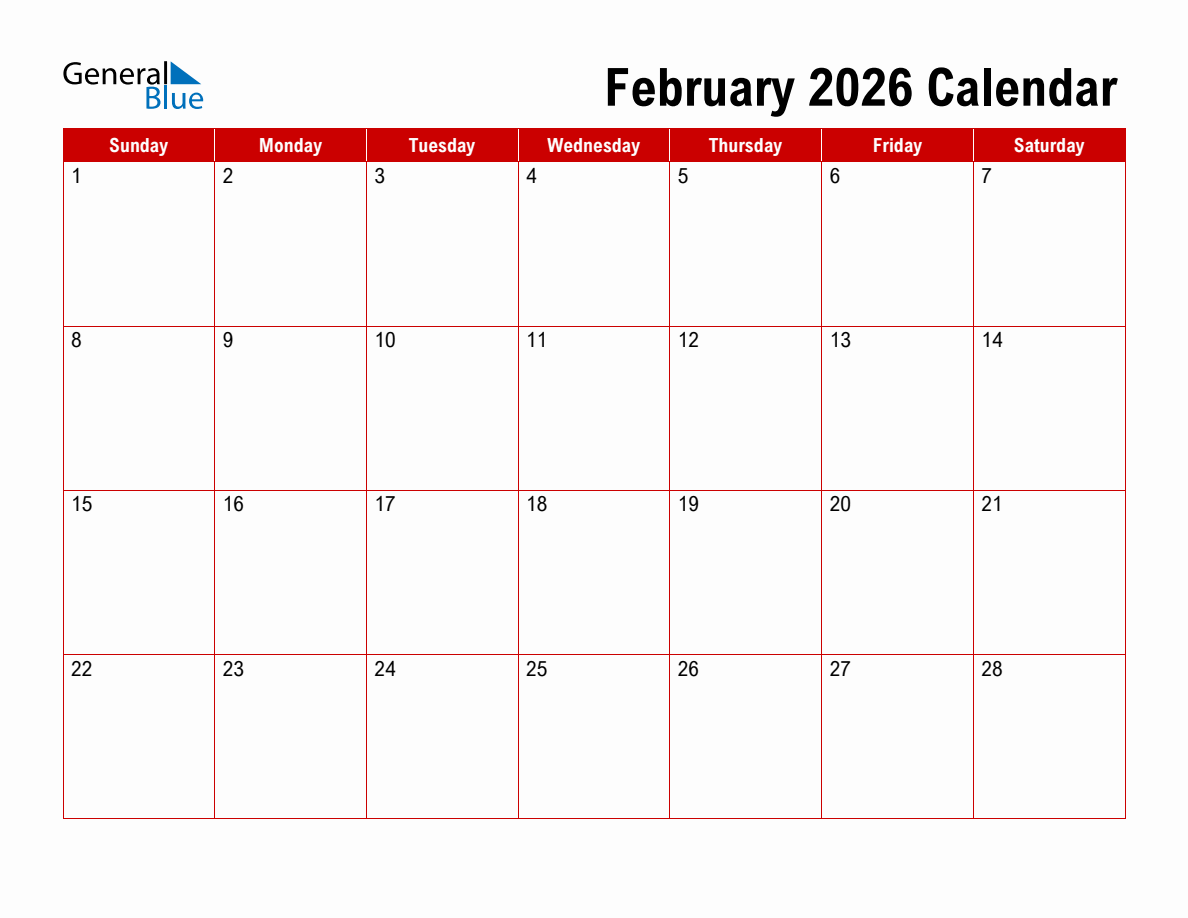 Basic monthly calendar - february 2026