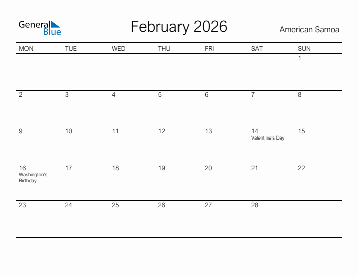 Printable February 2026 Calendar for American Samoa