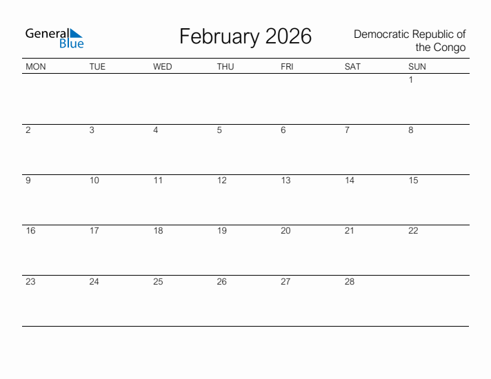 Printable February 2026 Calendar for Democratic Republic of the Congo