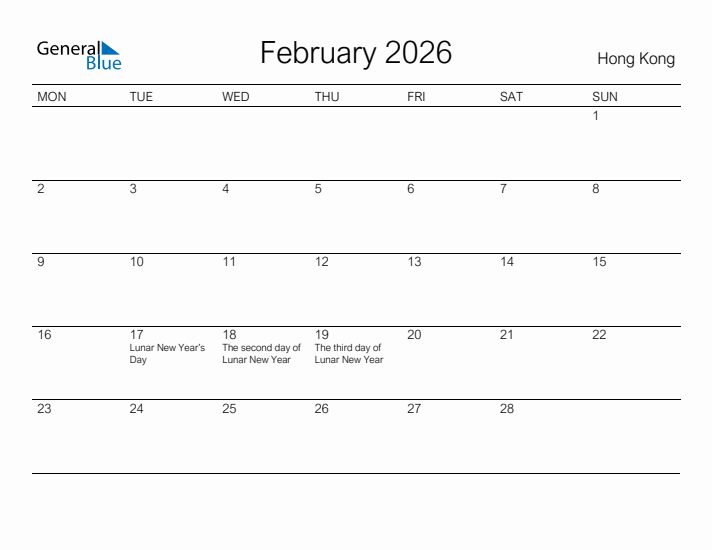 Printable February 2026 Calendar for Hong Kong