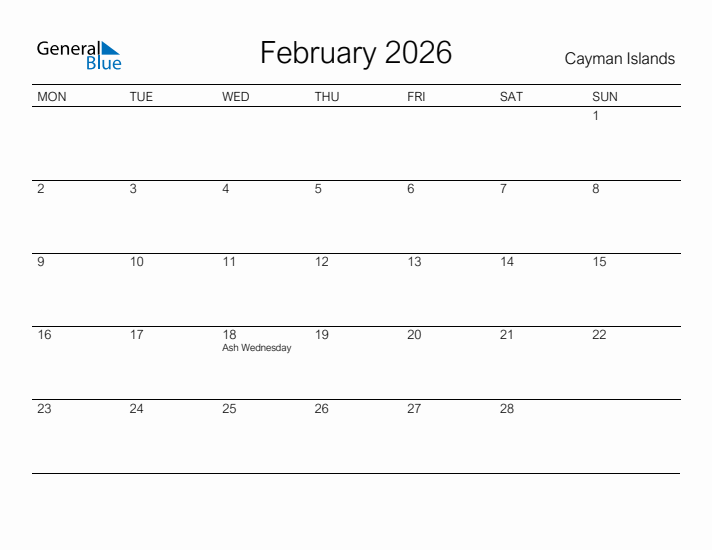Printable February 2026 Calendar for Cayman Islands