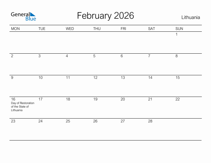 Printable February 2026 Calendar for Lithuania