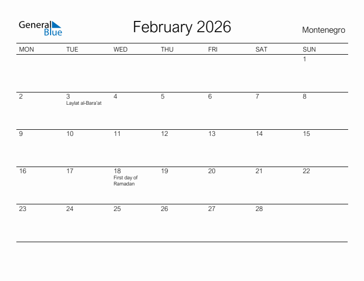 Printable February 2026 Calendar for Montenegro