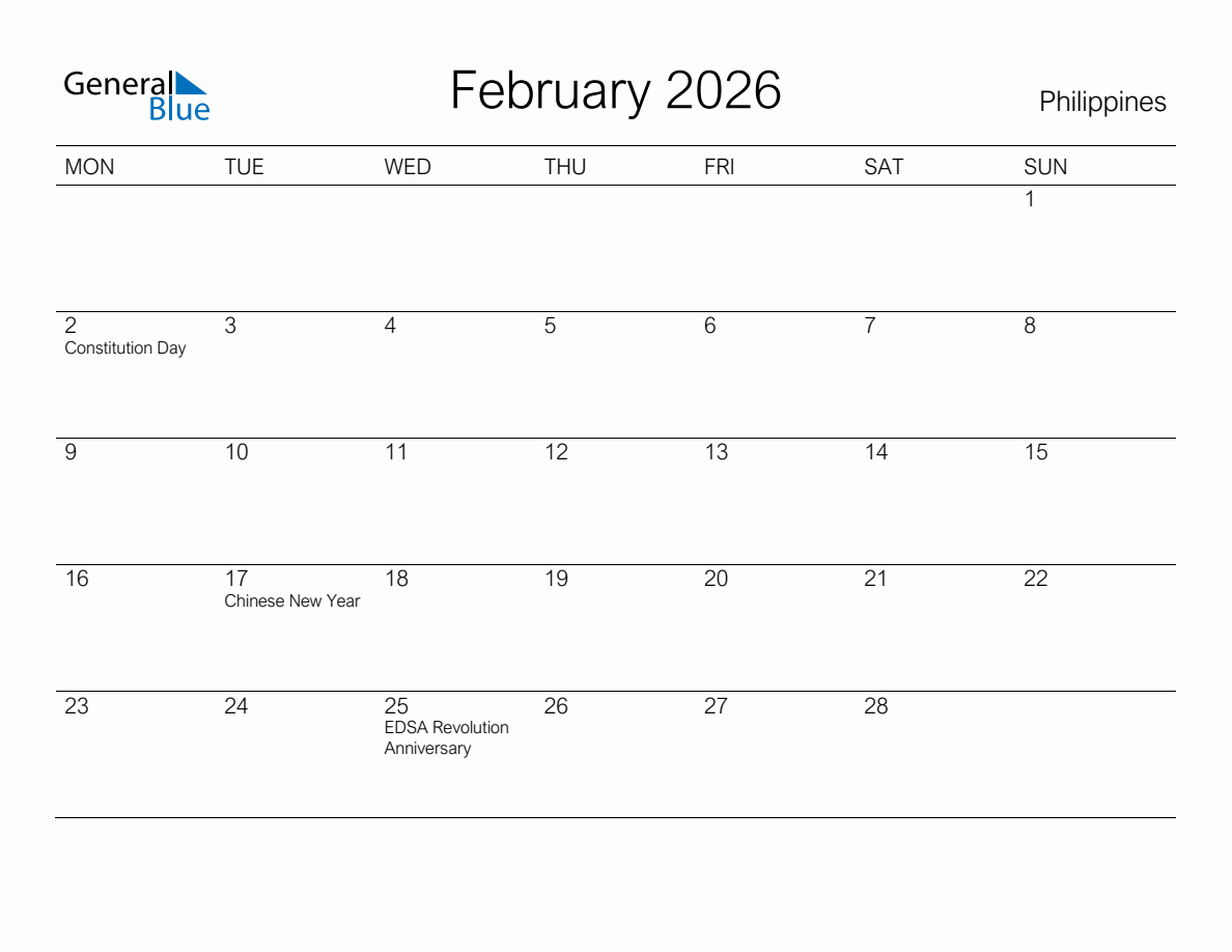 Printable February 2026 Monthly Calendar with Holidays for Philippines