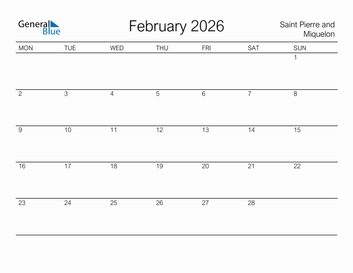 Printable February 2026 Calendar for Saint Pierre and Miquelon