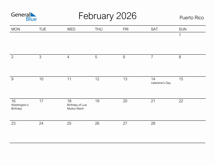 Printable February 2026 Calendar for Puerto Rico