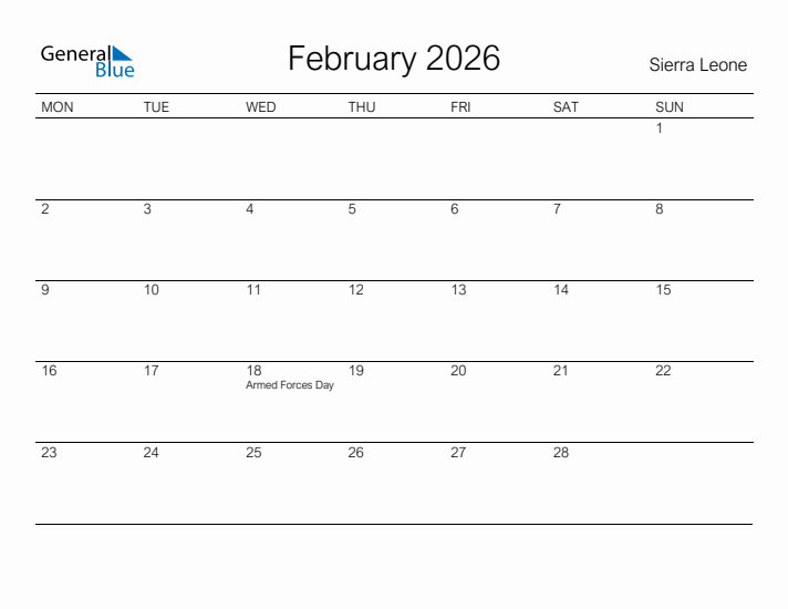 Printable February 2026 Calendar for Sierra Leone