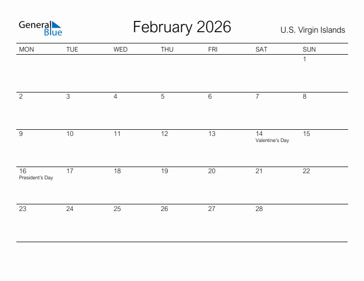 Printable February 2026 Calendar for U.S. Virgin Islands