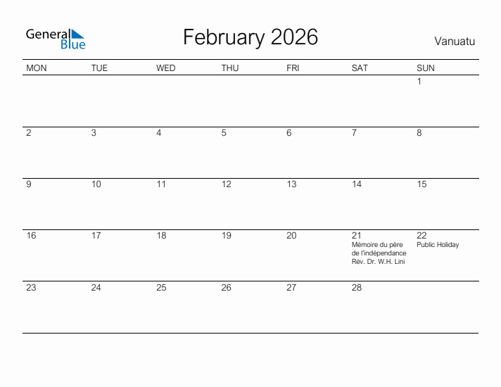 Printable February 2026 Calendar for Vanuatu