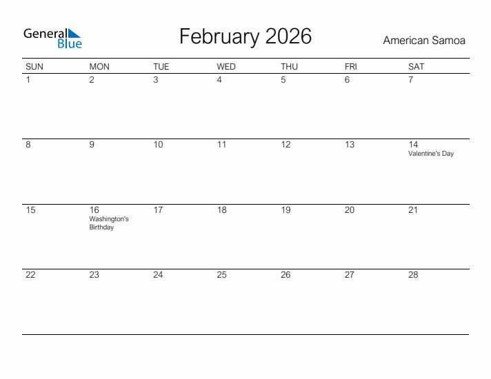Printable February 2026 Calendar for American Samoa