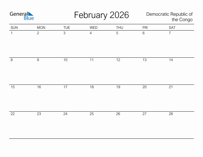 Printable February 2026 Calendar for Democratic Republic of the Congo