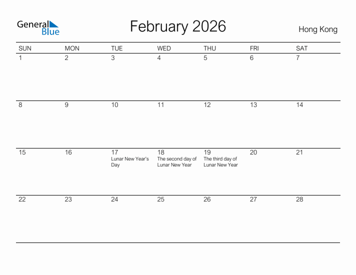 Printable February 2026 Calendar for Hong Kong