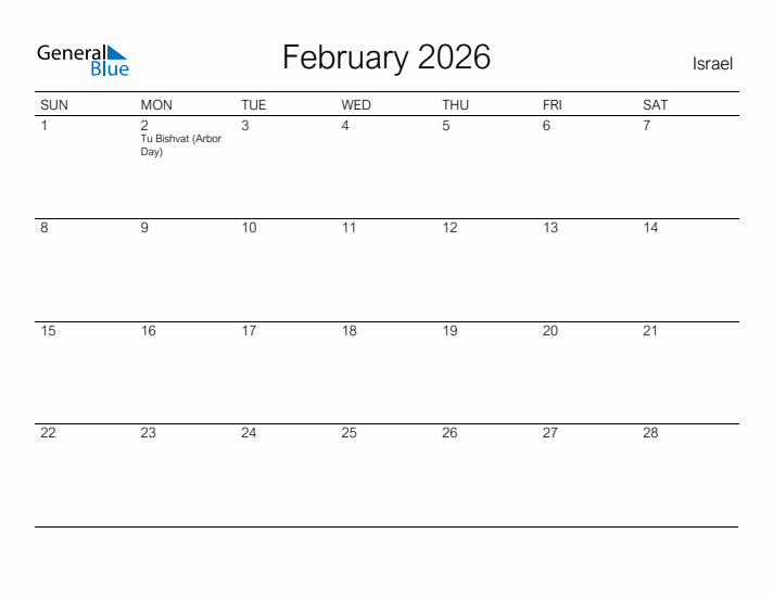 Printable February 2026 Calendar for Israel