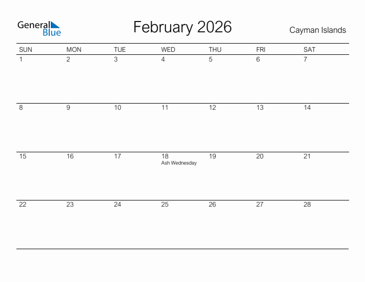 Printable February 2026 Calendar for Cayman Islands
