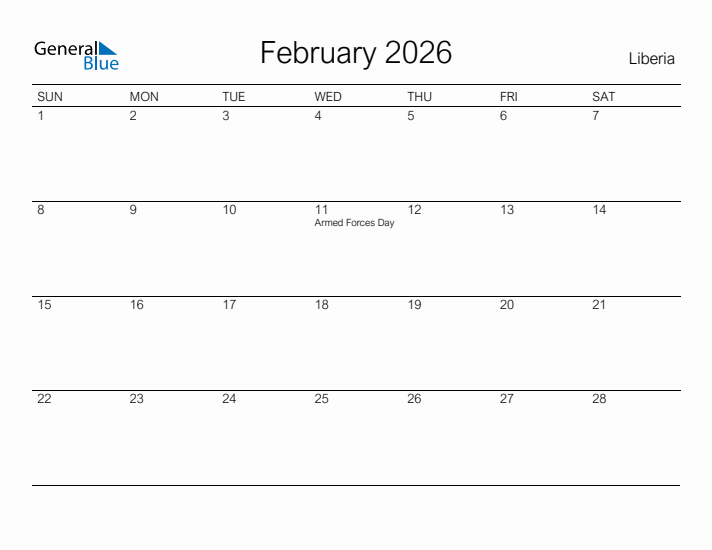 Printable February 2026 Calendar for Liberia