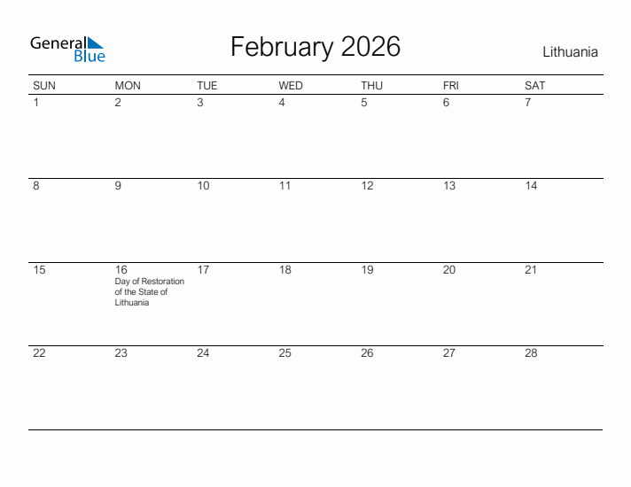 Printable February 2026 Calendar for Lithuania
